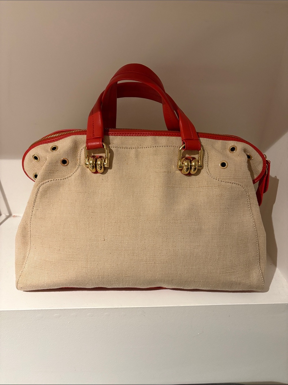 Summer Linen/Canvas Bag with Reddish- Orange detail and gold hardware. NWOT.